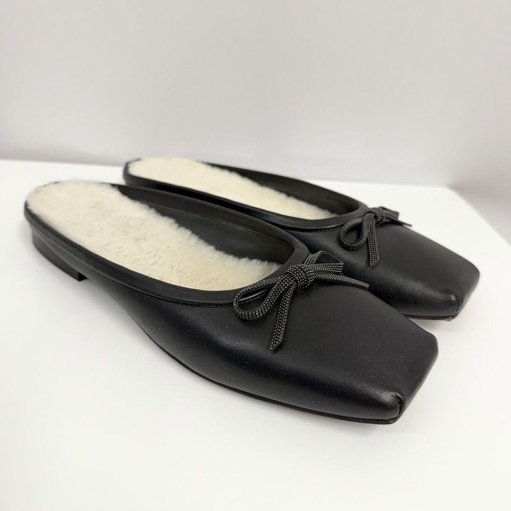 Brunello Cucinelli Leather & Sheepskin Mules Shoes Black Monili Bows 38 1/2 8.5B - Picture 2 of 11